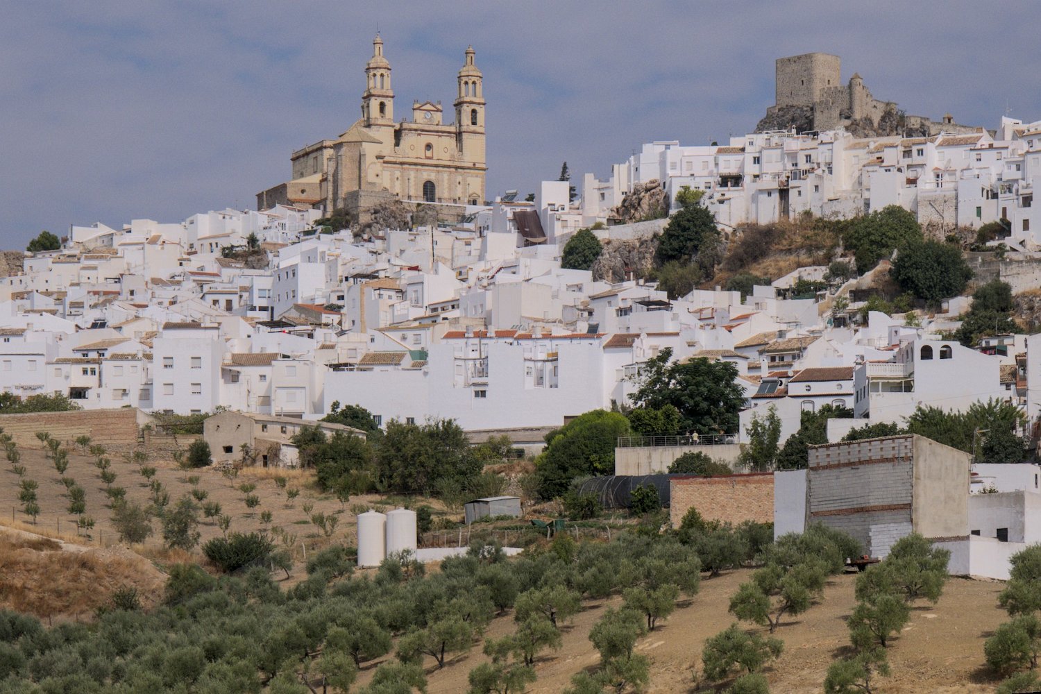 Olvera, l'église Notre Dame de l'Incantation à droite, le château à gauche